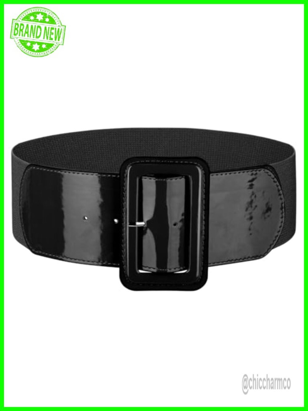 Wide Stretchy Elastic Waist Belt Patent Square Buckle for Dresses